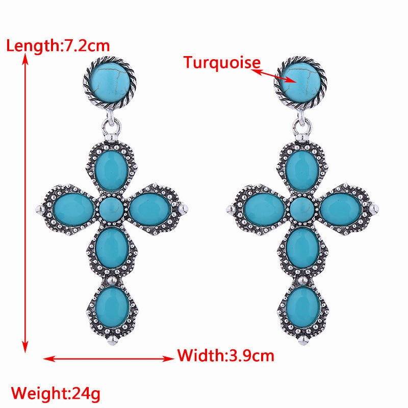 Wholesale Bohemian Retro Ethnic Style Alloy Turquoise Cross Earrings