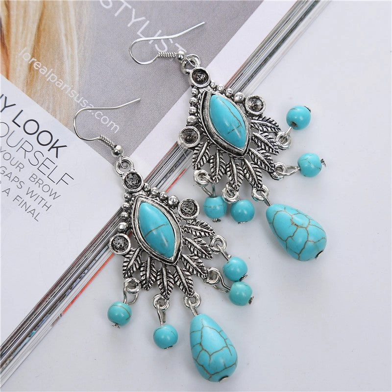 Wholesale Boho Vintage Carved Turquoise Drop Tassel Earrings