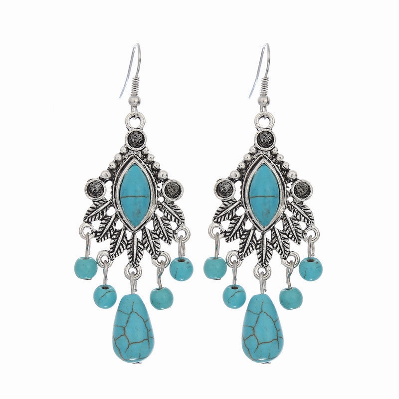 Wholesale Boho Vintage Carved Turquoise Drop Tassel Earrings