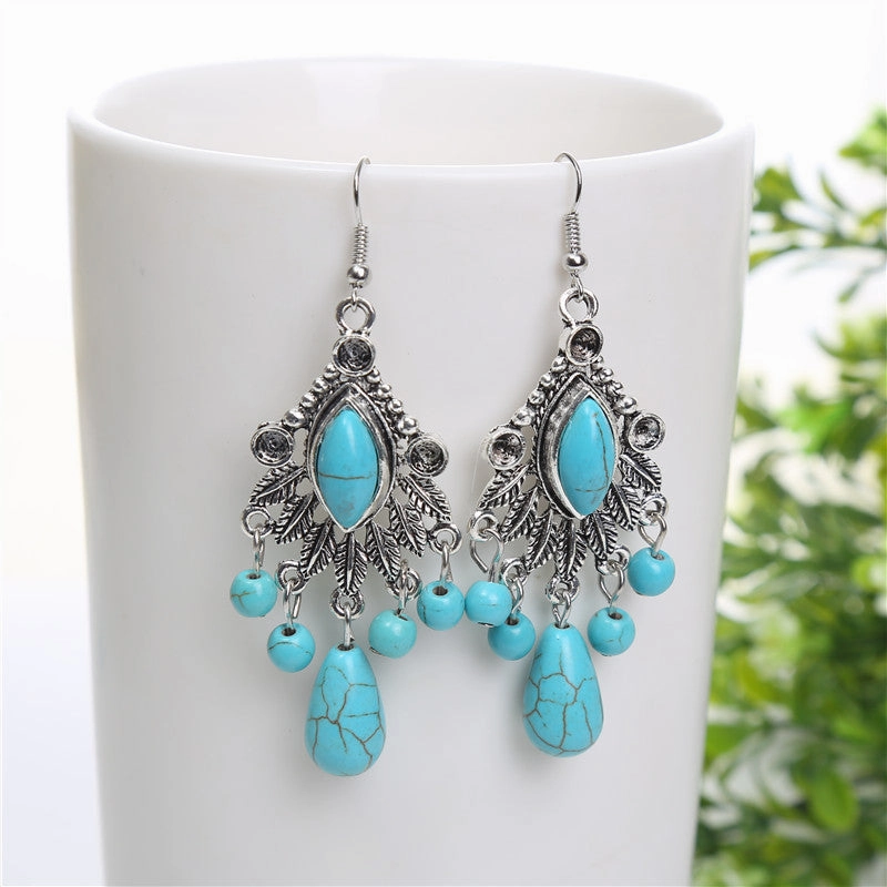 Wholesale Boho Vintage Carved Turquoise Drop Tassel Earrings