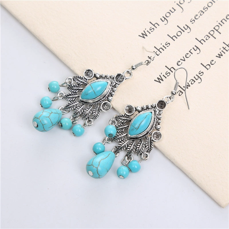 Wholesale Boho Vintage Carved Turquoise Drop Tassel Earrings