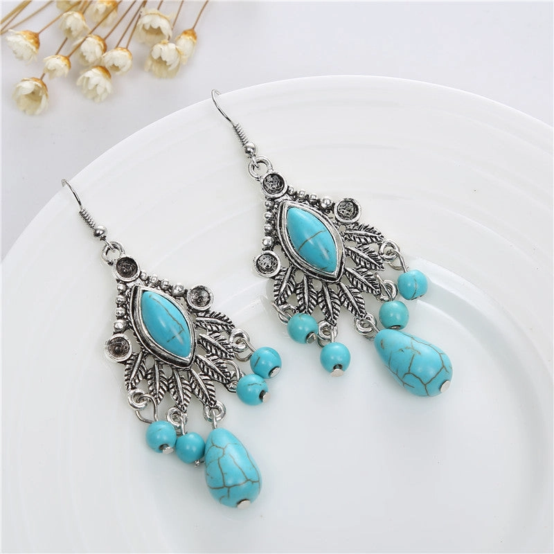Wholesale Boho Vintage Carved Turquoise Drop Tassel Earrings