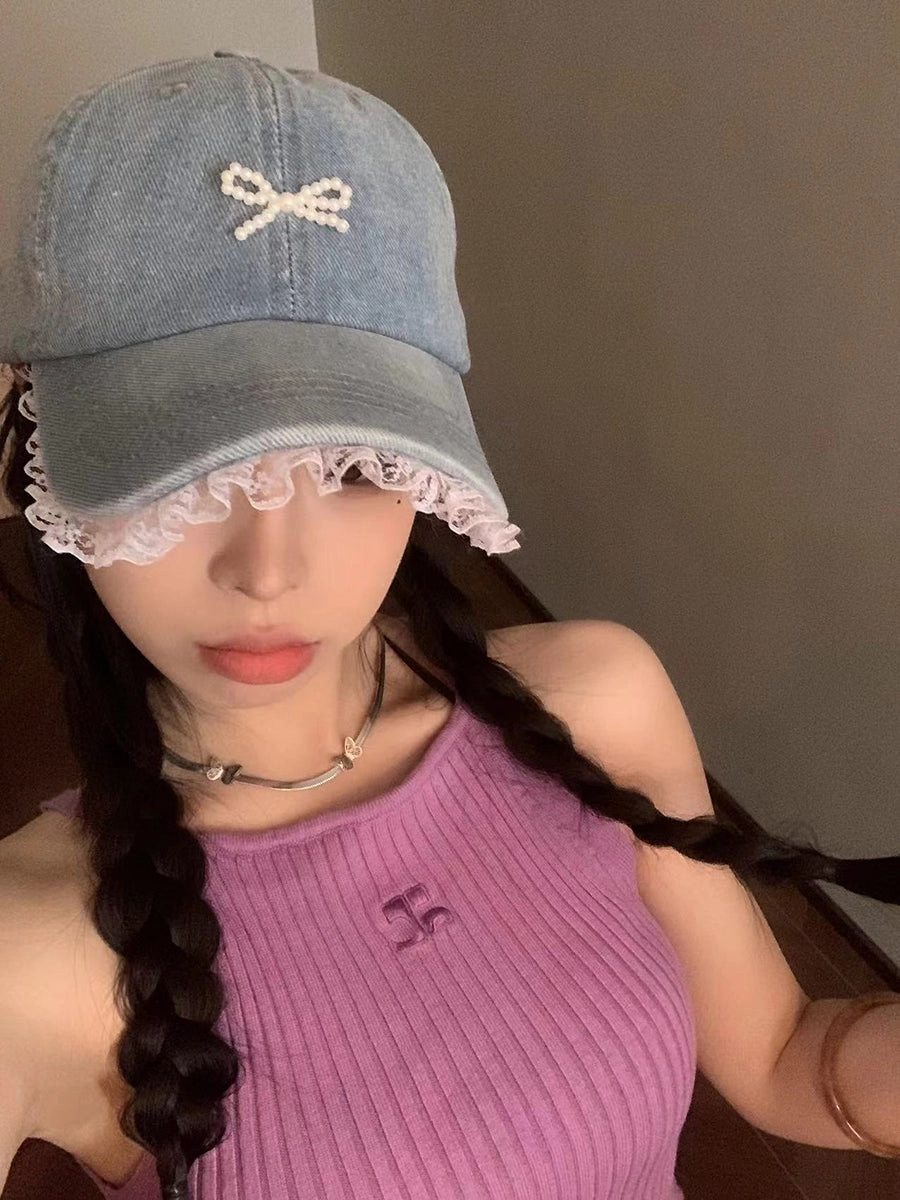 Wholesale Bow Washed Denim Sun Protection Baseball Cap