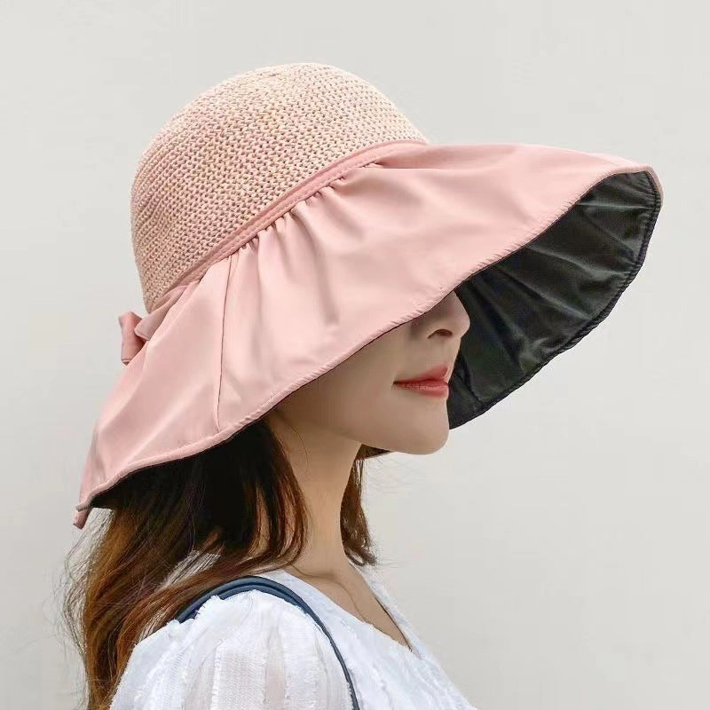 Wholesale Bowknot Black Rubber Fisherman's Straw Hat
