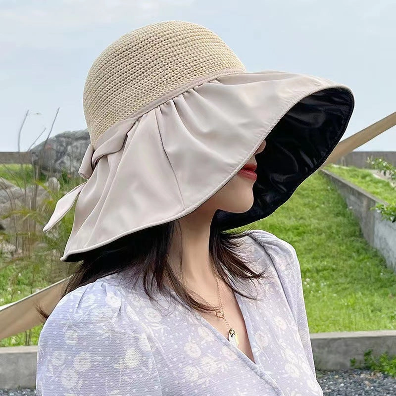 Wholesale Bowknot Black Rubber Fisherman's Straw Hat