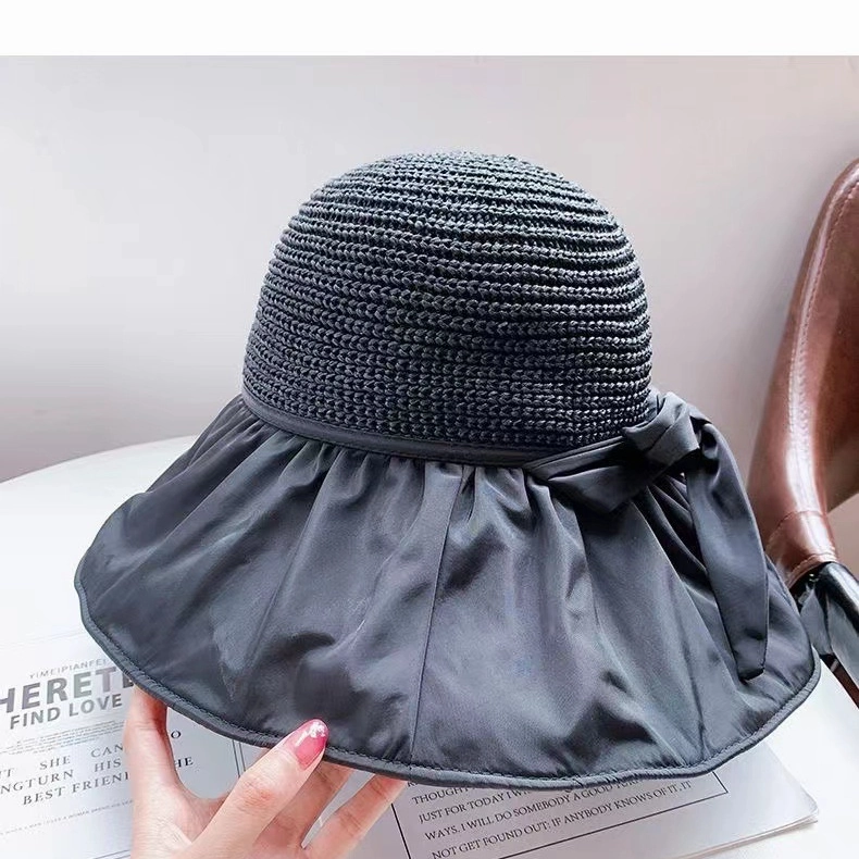 Wholesale Bowknot Black Rubber Fisherman's Straw Hat