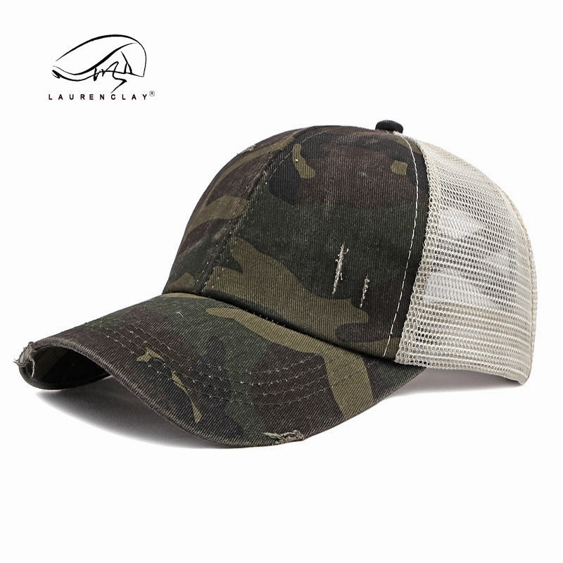 Wholesale Breathable Mesh Washed Distressed Crossover Ponytail Baseball Cap