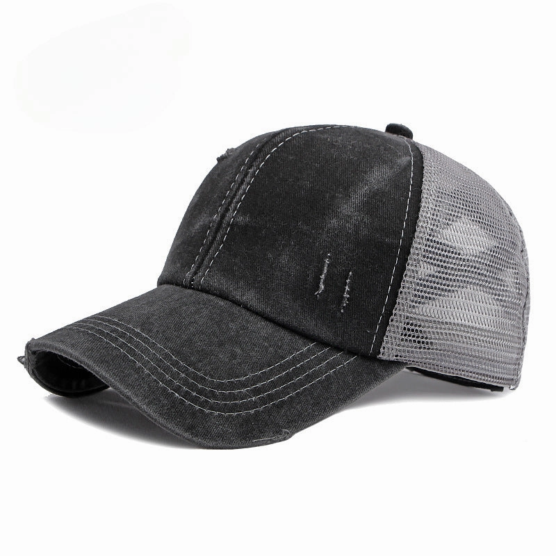 Wholesale Breathable Mesh Washed Distressed Crossover Ponytail Baseball Cap