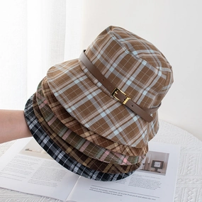 Wholesale British Vintage Plaid Fisherman Hat Children's Belt Buckle Sun Protection Basin Hat Face Showing Small Sun Hat