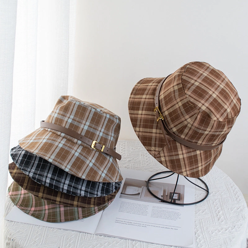 Wholesale British Vintage Plaid Fisherman Hat Children's Belt Buckle Sun Protection Basin Hat Face Showing Small Sun Hat