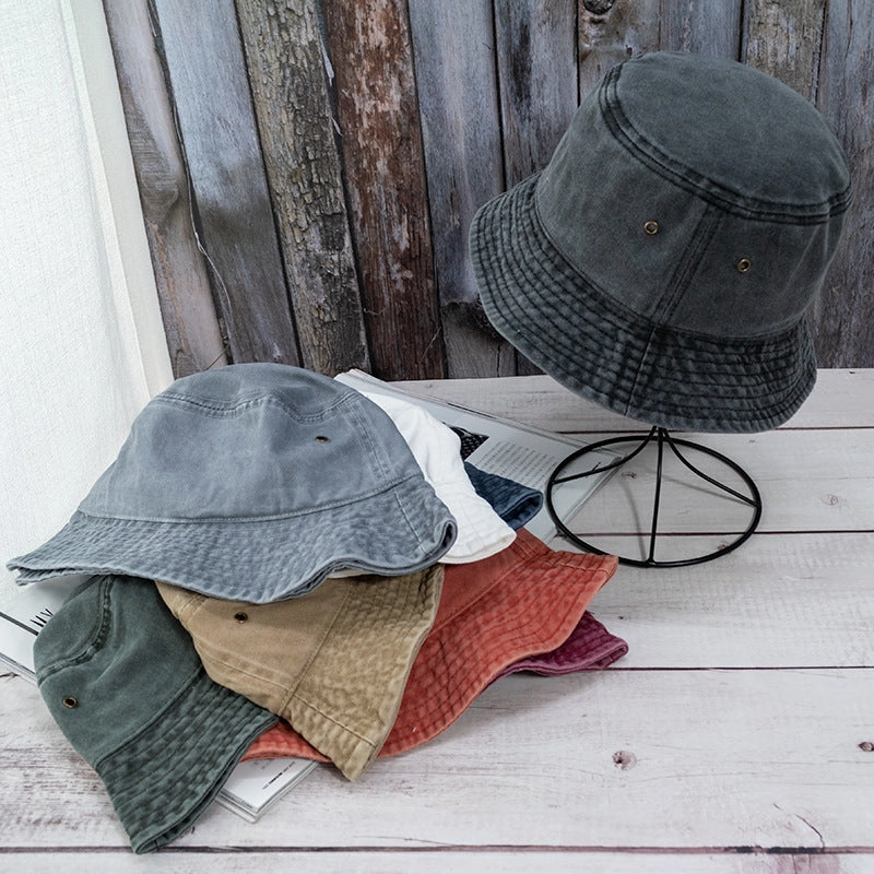 Wholesale Casual flat top washed distressed solid color bucket hat denim fisherman hat