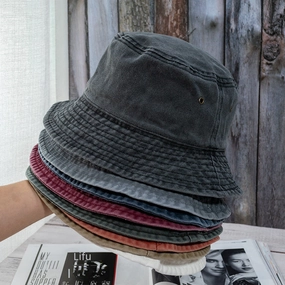 Wholesale Casual flat top washed distressed solid color bucket hat denim fisherman hat