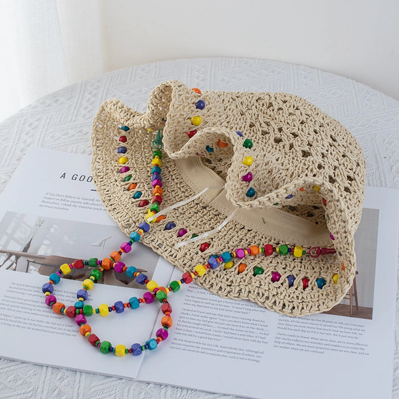Wholesale Colorful wooden bead straw foldable beach sun protection bucket hat
