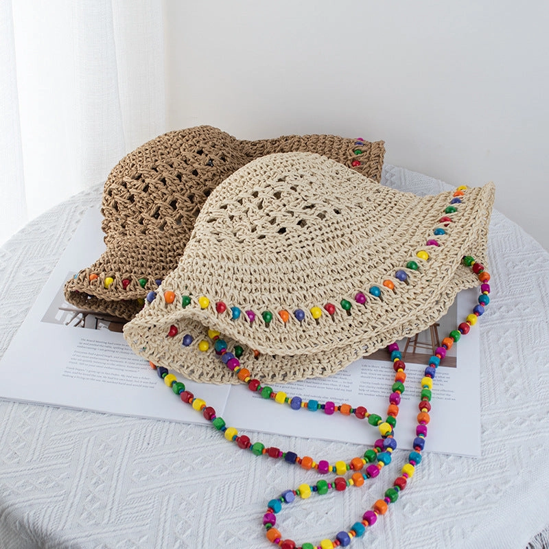 Wholesale Colorful wooden bead straw foldable beach sun protection bucket hat