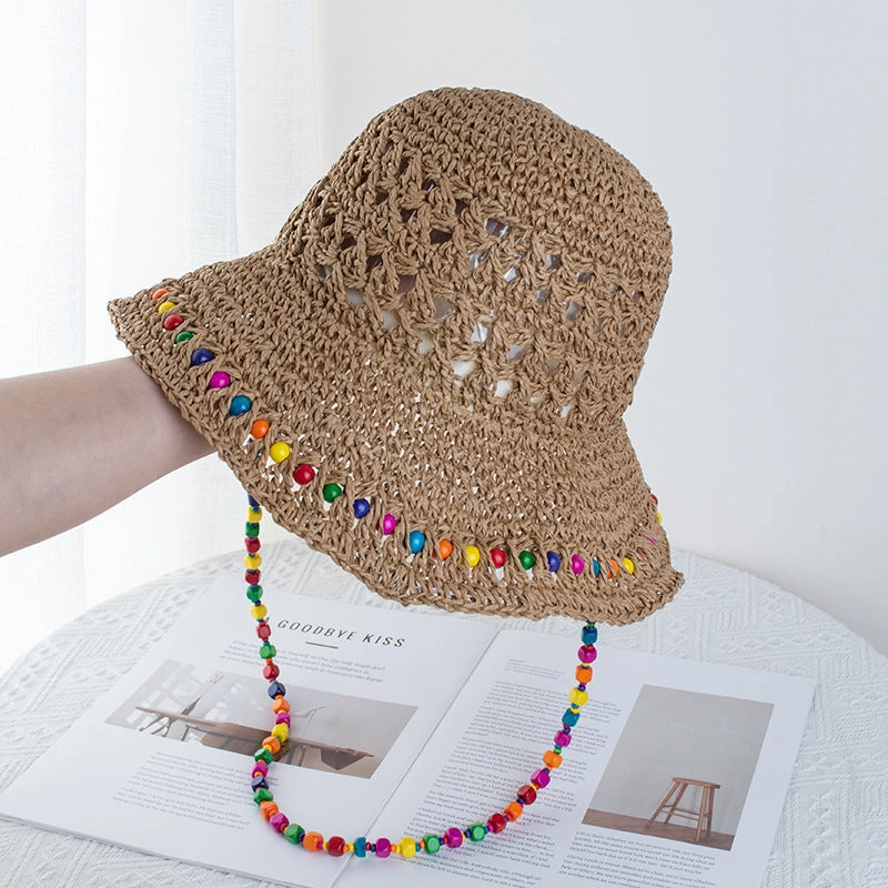 Wholesale Colorful wooden bead straw foldable beach sun protection bucket hat