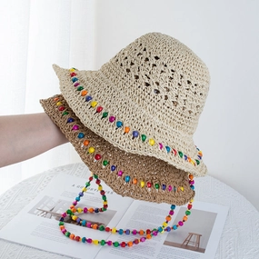 Wholesale Colorful wooden bead straw foldable beach sun protection bucket hat
