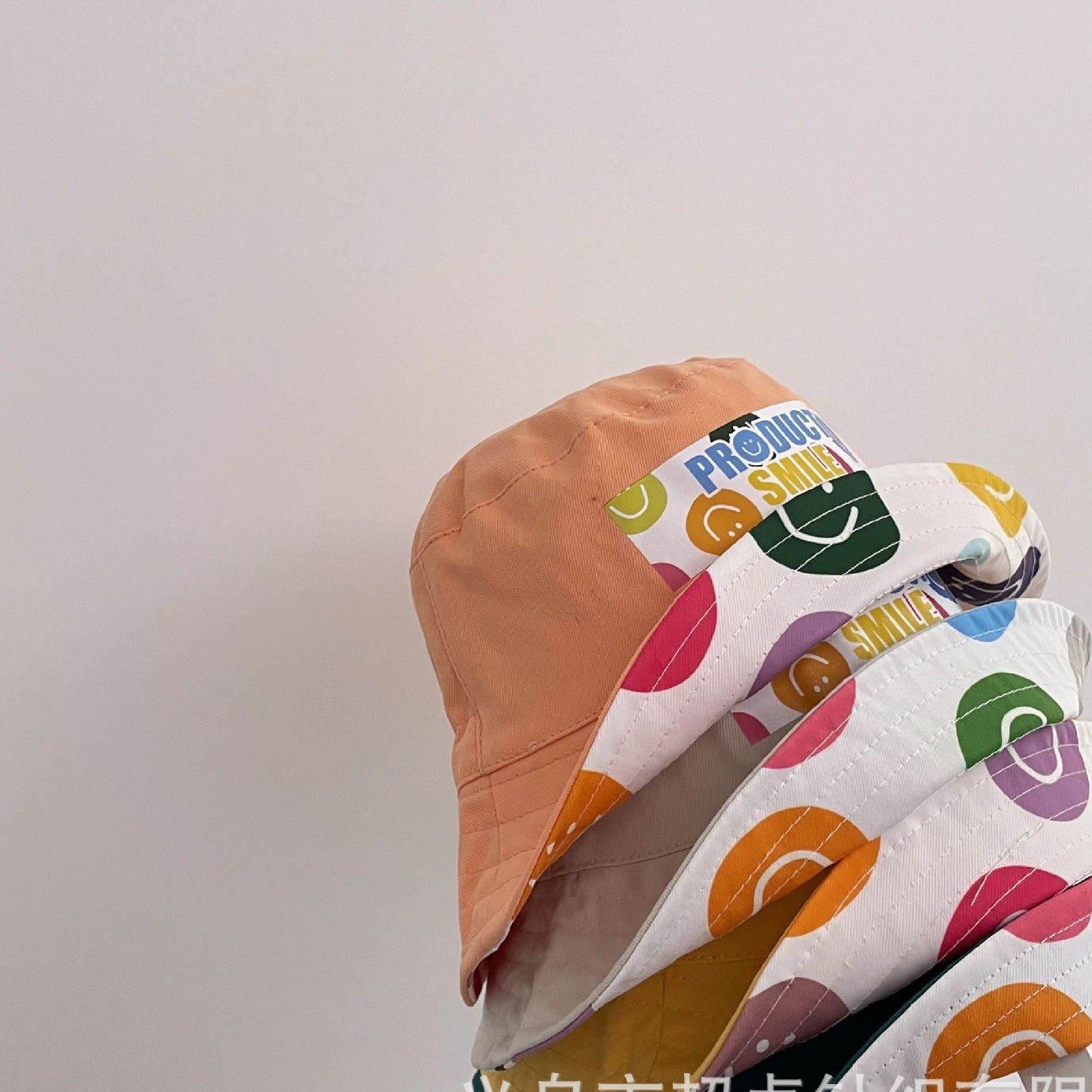 Wholesale Cotton Kids Reversible Bucket Hat with Colorful Smiley Face