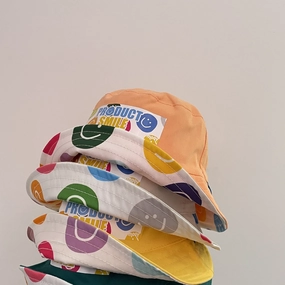 Wholesale Cotton Kids Reversible Bucket Hat with Colorful Smiley Face