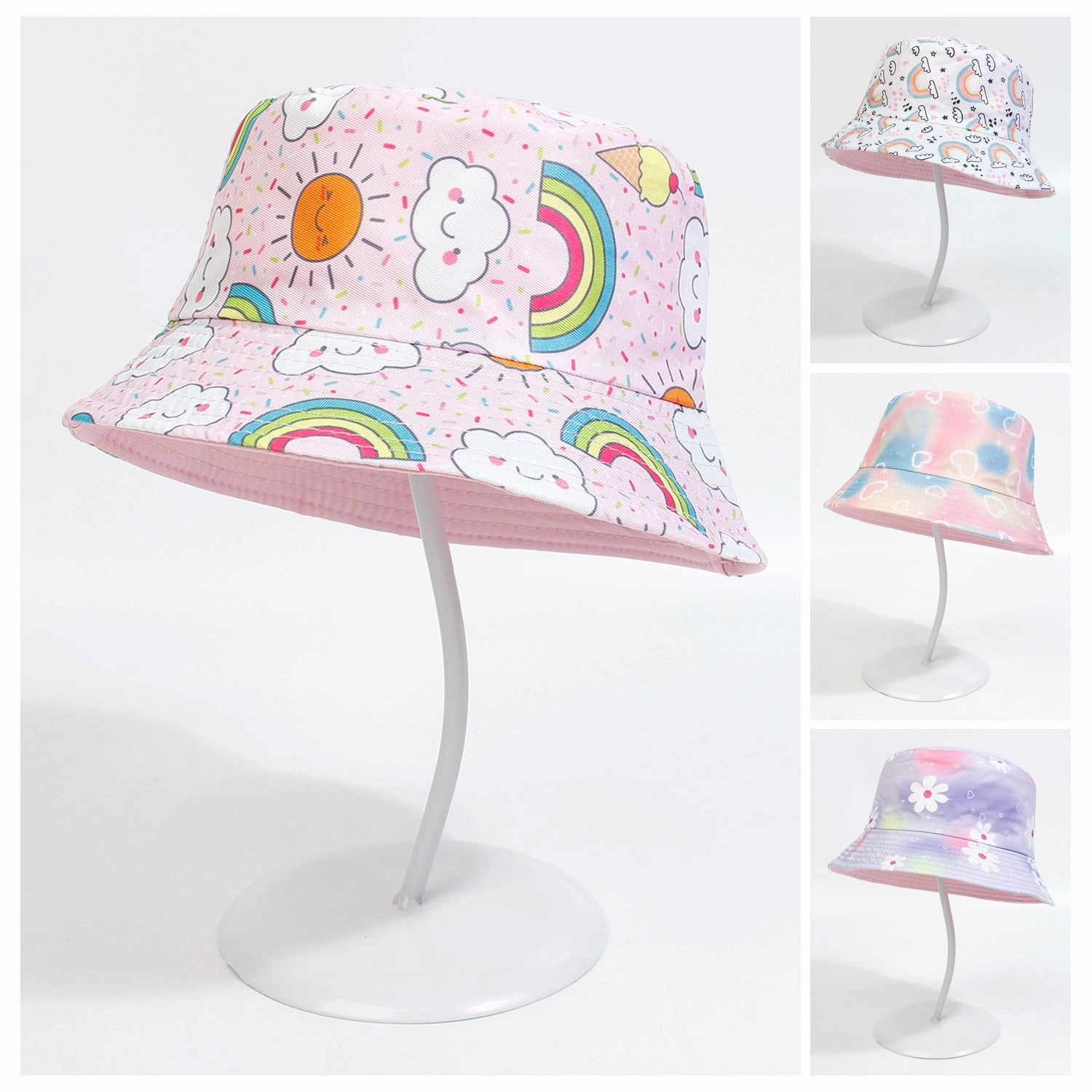 Wholesale Cotton Polyester Cartoon Rainbow Kids Bucket Hat