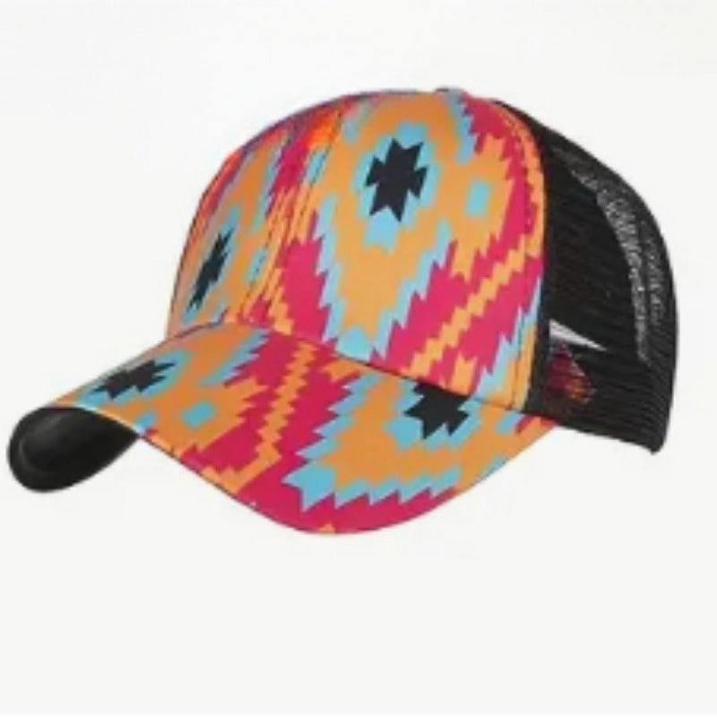 Wholesale Cotton Polyester Cross Ponytail Western Style Aztec Baseball Cap