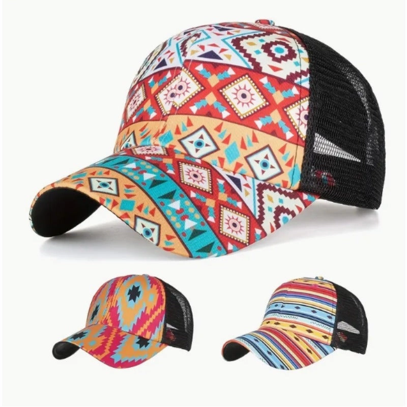 Wholesale Cotton Polyester Cross Ponytail Western Style Aztec Baseball Cap