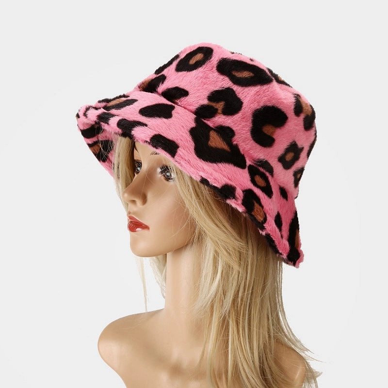 Wholesale Cotton Polyester Leopard Print Plus Fleece Thick Windproof Fisherman Hat