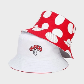 Wholesale Cotton Red and White Mushroom Pattern Reversible Bucket Hat
