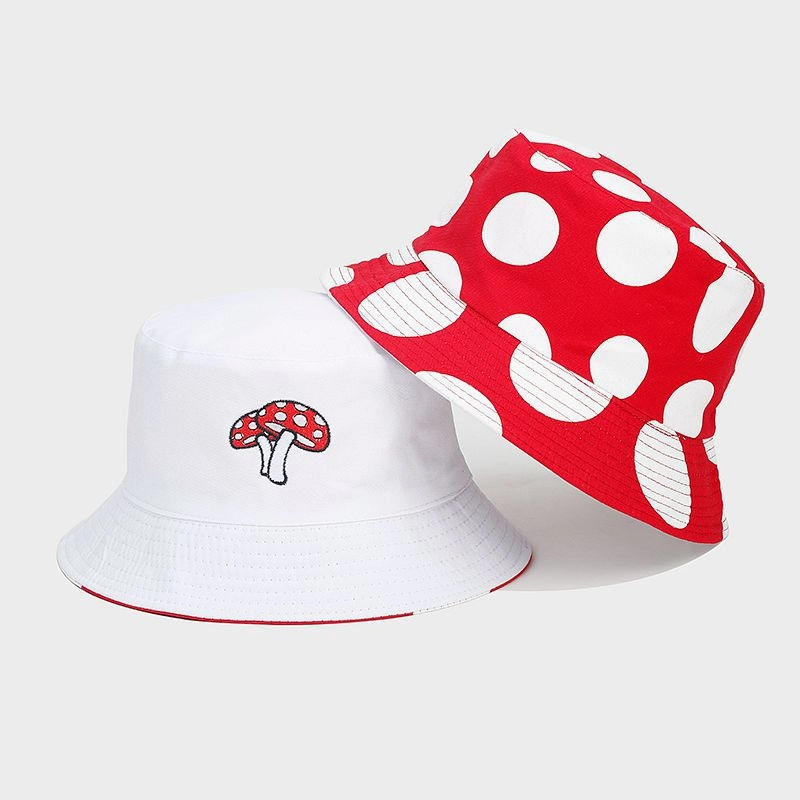 Wholesale Cotton Red and White Mushroom Pattern Reversible Bucket Hat