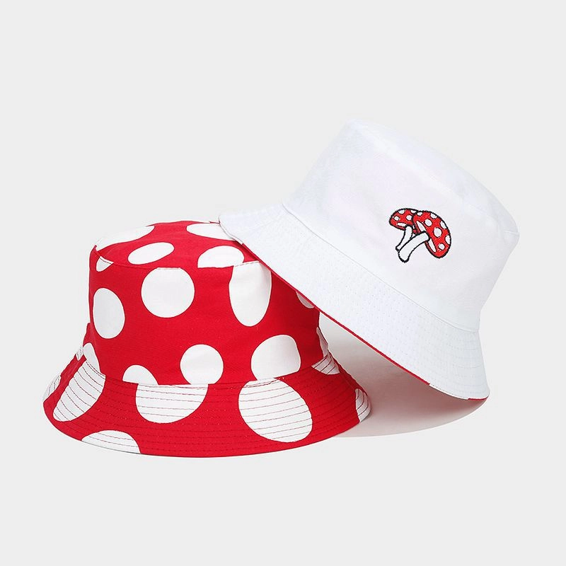 Wholesale Cotton Red and White Mushroom Pattern Reversible Bucket Hat