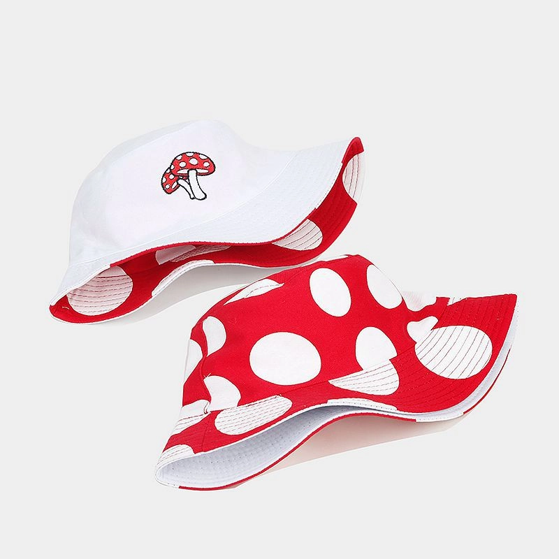 Wholesale Cotton Red and White Mushroom Pattern Reversible Bucket Hat