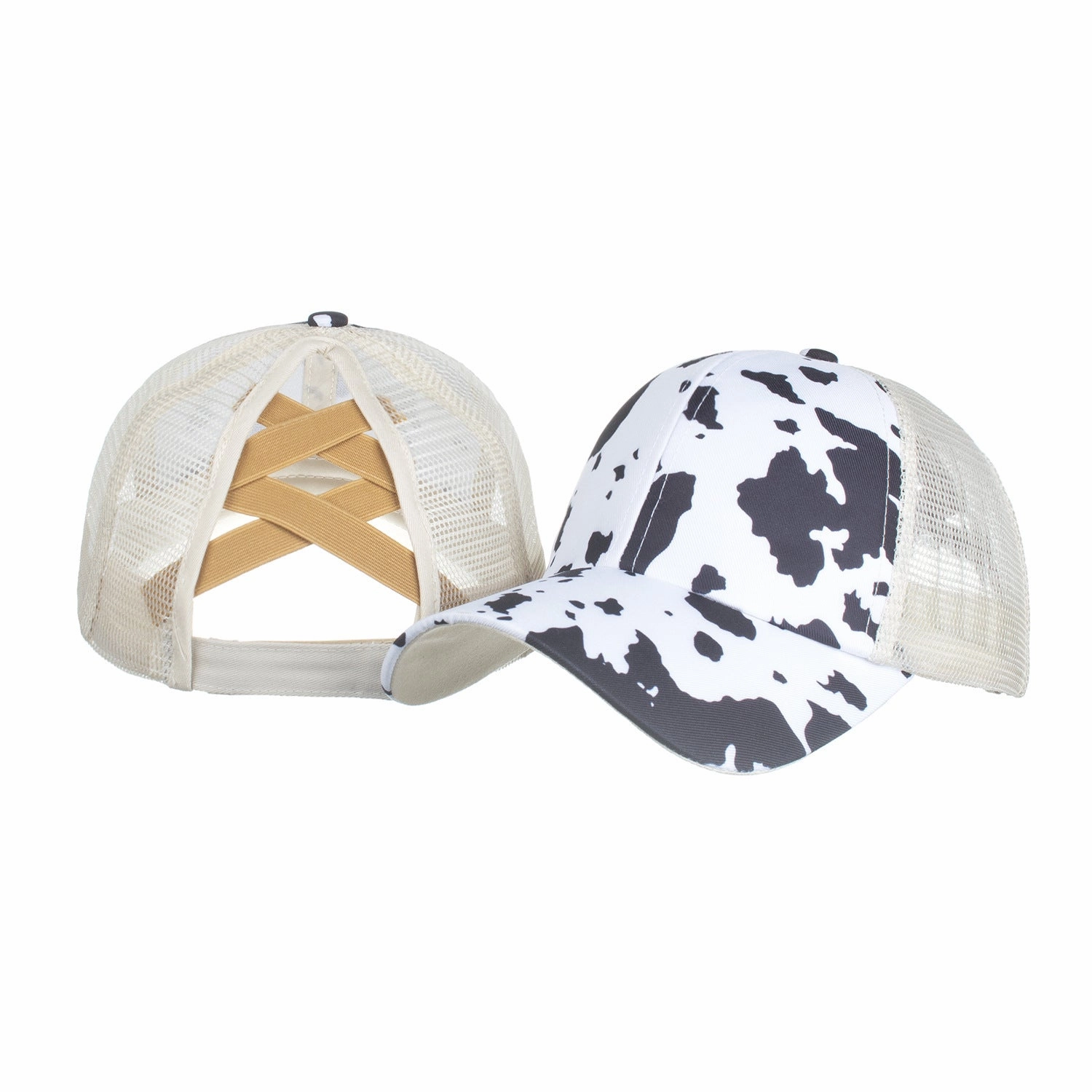 Wholesale Cow Pattern Cross Elastic Mesh Ponytail Baseball Cap