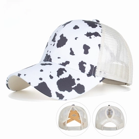Wholesale Cow Pattern Cross Elastic Mesh Ponytail Baseball Cap