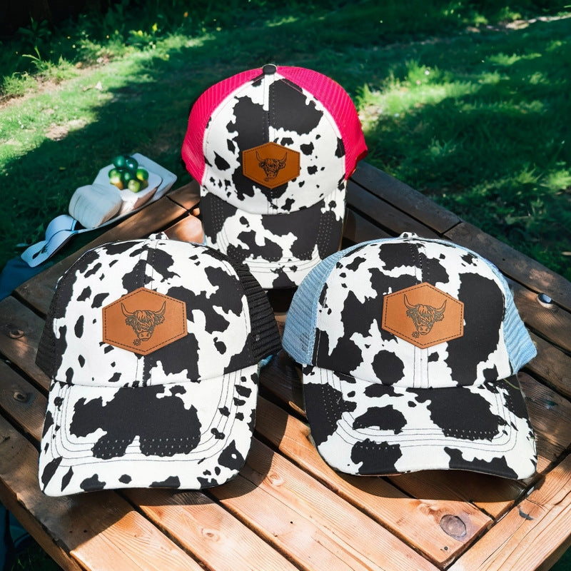 Wholesale Cowhide Leather Label Breathable Mesh Outdoor Travel Sun Protection Cap