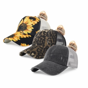 Wholesale Cross Ponytail Sunscreen Net Leopard Print Sunflower Baseball Cap
