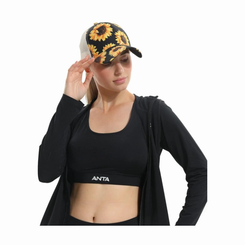 Wholesale Cross Ponytail Sunscreen Net Leopard Print Sunflower Baseball Cap
