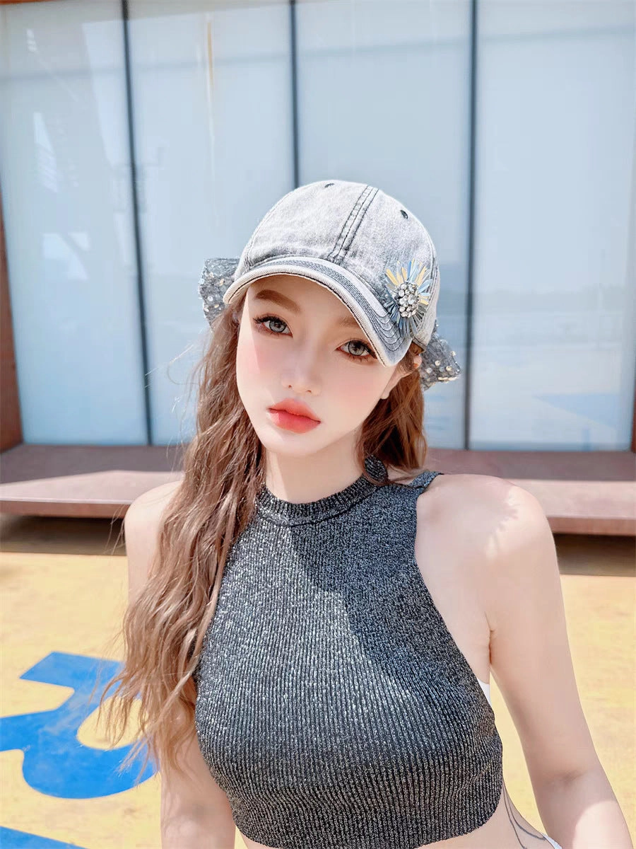 Wholesale Distressed Back Sequin Cloud Bow Baseball Cap