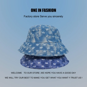 Wholesale Distressed Vintage Washed Denim Bucket Hat Versatile Sequined Diamond Hat