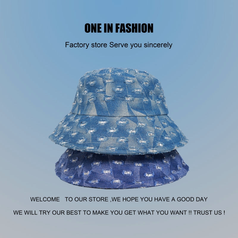 Wholesale Distressed Vintage Washed Denim Bucket Hat Versatile Sequined Diamond Hat