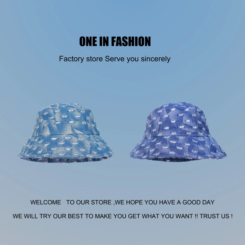 Wholesale Distressed Vintage Washed Denim Bucket Hat Versatile Sequined Diamond Hat