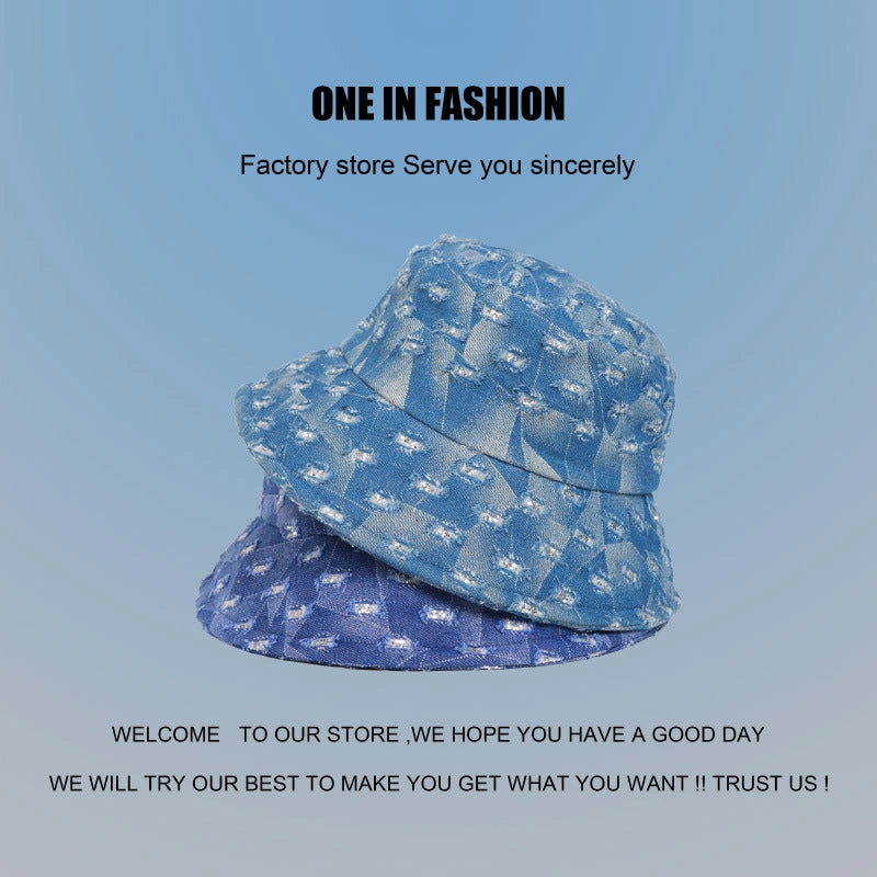 Wholesale Distressed Vintage Washed Denim Bucket Hat Versatile Sequined Diamond Hat