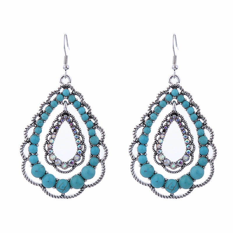Wholesale Double Layer Water Drop Hollow Inlaid Turquoise Earrings