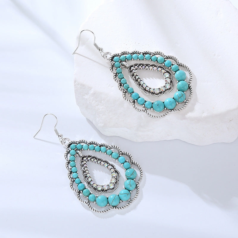Wholesale Double Layer Water Drop Hollow Inlaid Turquoise Earrings