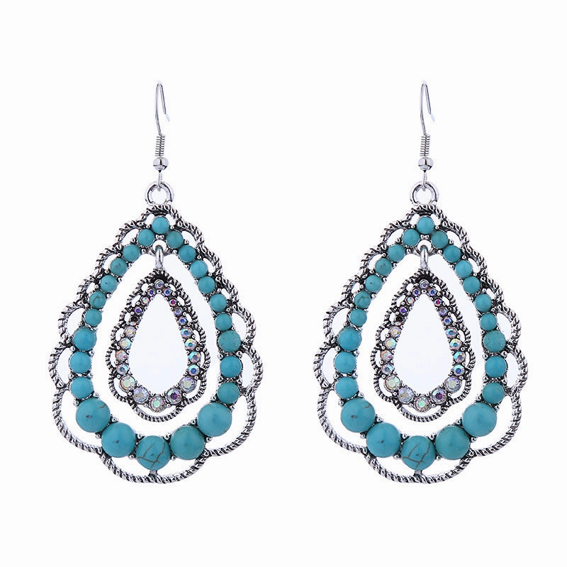 Wholesale Double Layer Water Drop Hollow Inlaid Turquoise Earrings