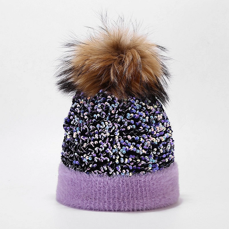 Wholesale Dyed Raccoon Fur Ball Sequin Warm Knitted Hat