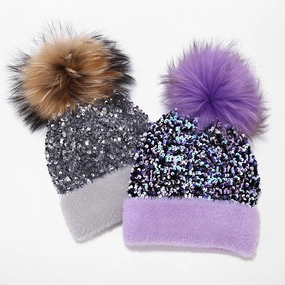 Wholesale Dyed Raccoon Fur Ball Sequin Warm Knitted Hat
