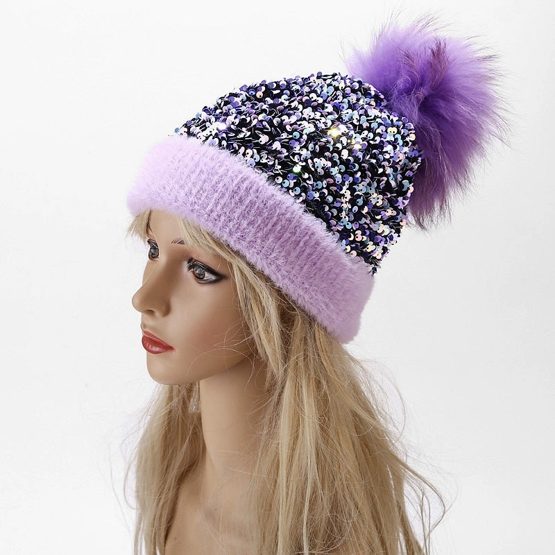 Wholesale Dyed Raccoon Fur Ball Sequin Warm Knitted Hat
