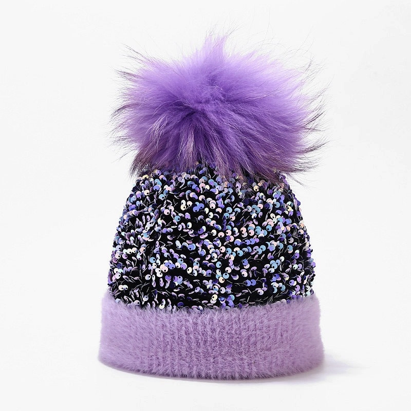 Wholesale Dyed Raccoon Fur Ball Sequin Warm Knitted Hat