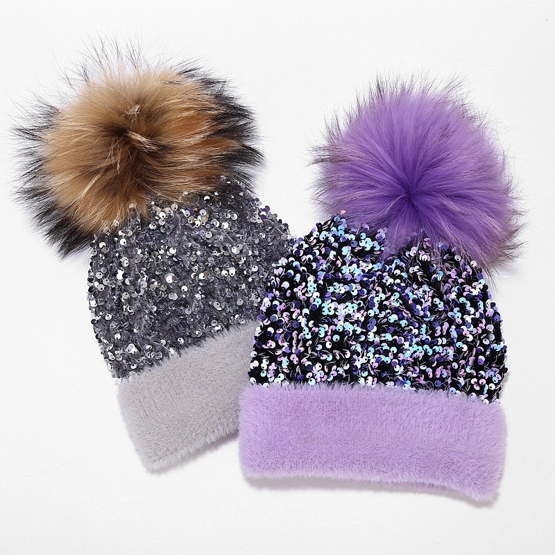 Wholesale Dyed Raccoon Fur Ball Sequin Warm Knitted Hat
