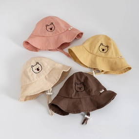Wholesale Embroidered Bear Head Adjustable Cotton Kids Bucket Hat
