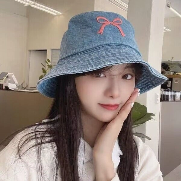 Wholesale Embroidered Bow Distressed Washed Denim Bucket Hat